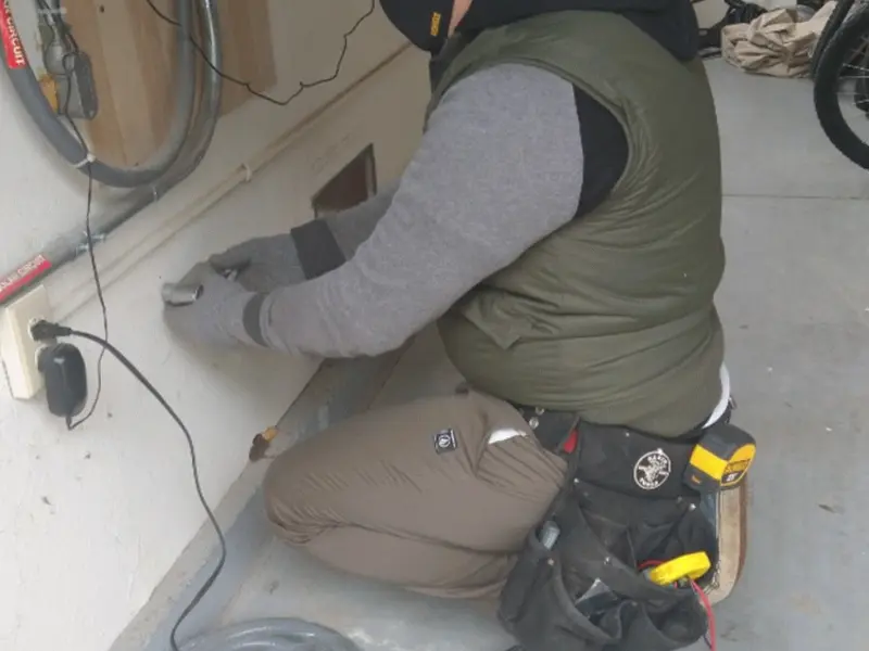 Electrician performing outlet wiring in a East Marlborough garage